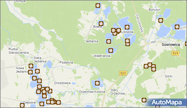 mapa Walerianów gmina Sosnowica, Walerianów gmina Sosnowica na mapie Targeo