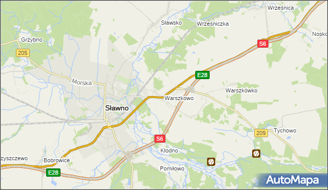 mapa Warszkowo gmina Sławno, Warszkowo gmina Sławno na mapie Targeo