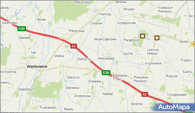 mapa Wierzbowa gmina Wartkowice, Wierzbowa gmina Wartkowice na mapie Targeo