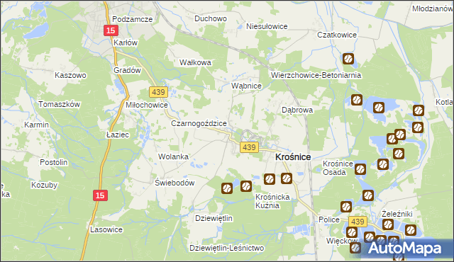 mapa Wierzchowice gmina Krośnice, Wierzchowice gmina Krośnice na mapie Targeo