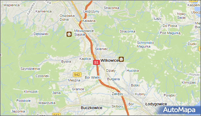 mapa Wilkowice powiat bielski, Wilkowice powiat bielski na mapie Targeo