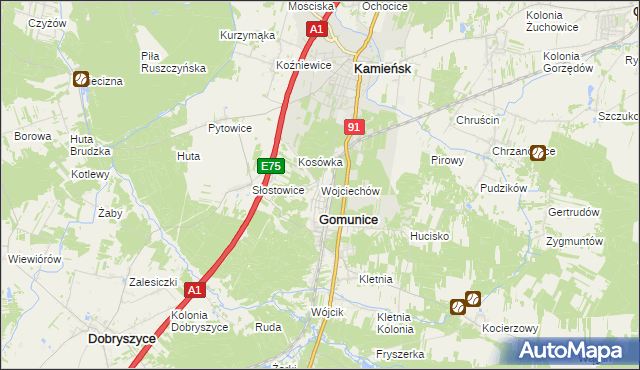 mapa Wojciechów gmina Gomunice, Wojciechów gmina Gomunice na mapie Targeo