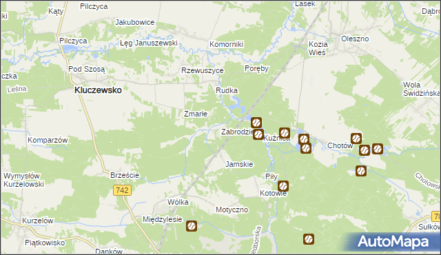 mapa Zabrodzie gmina Kluczewsko, Zabrodzie gmina Kluczewsko na mapie Targeo