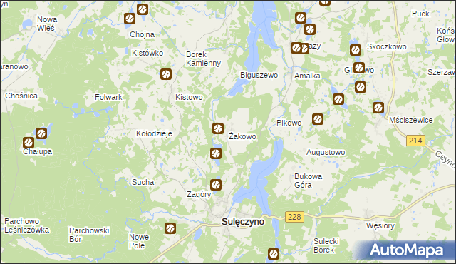 mapa Żakowo gmina Sulęczyno, Żakowo gmina Sulęczyno na mapie Targeo