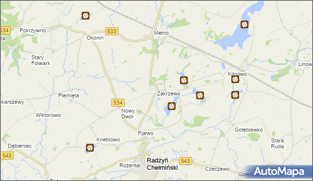 mapa Zakrzewo gmina Radzyń Chełmiński, Zakrzewo gmina Radzyń Chełmiński na mapie Targeo