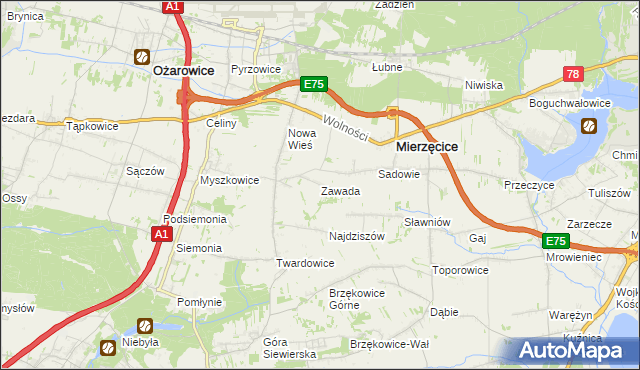mapa Zawada gmina Mierzęcice, Zawada gmina Mierzęcice na mapie Targeo