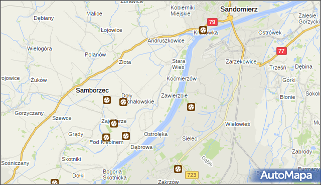 mapa Zawierzbie gmina Samborzec, Zawierzbie gmina Samborzec na mapie Targeo