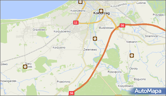 mapa Zieleniewo gmina Kołobrzeg, Zieleniewo gmina Kołobrzeg na mapie Targeo