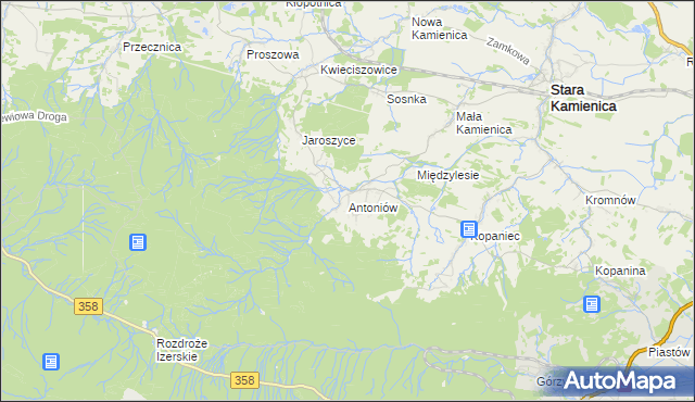mapa Antoniów gmina Stara Kamienica, Antoniów gmina Stara Kamienica na mapie Targeo