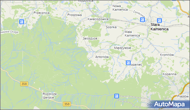 mapa Antoniów gmina Stara Kamienica, Antoniów gmina Stara Kamienica na mapie Targeo