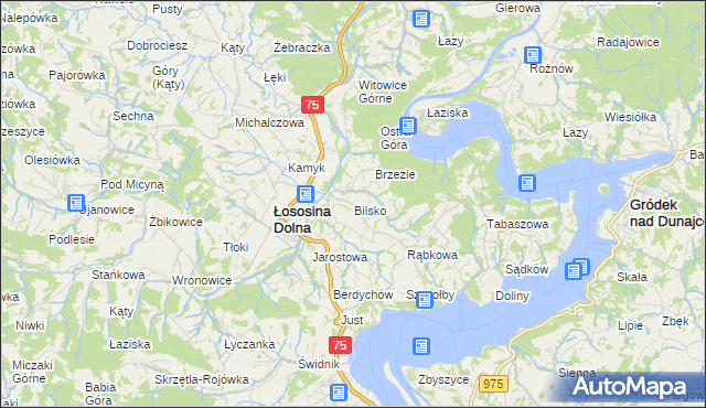 mapa Bilsko gmina Łososina Dolna, Bilsko gmina Łososina Dolna na mapie Targeo
