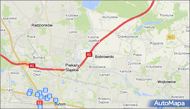 mapa Bobrowniki powiat będziński, Bobrowniki powiat będziński na mapie Targeo