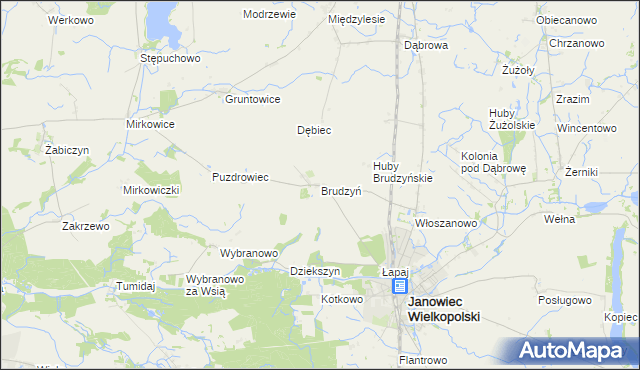 mapa Brudzyń gmina Janowiec Wielkopolski, Brudzyń gmina Janowiec Wielkopolski na mapie Targeo