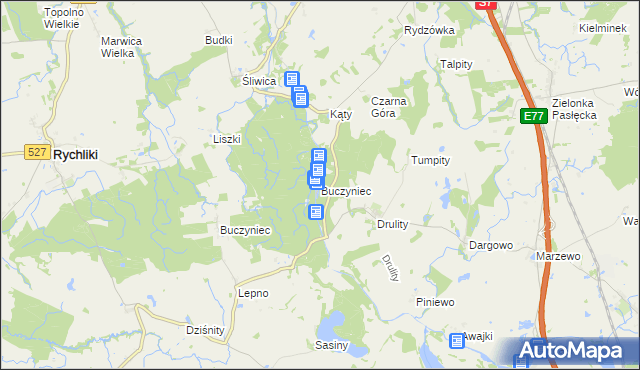 mapa Buczyniec gmina Pasłęk, Buczyniec gmina Pasłęk na mapie Targeo