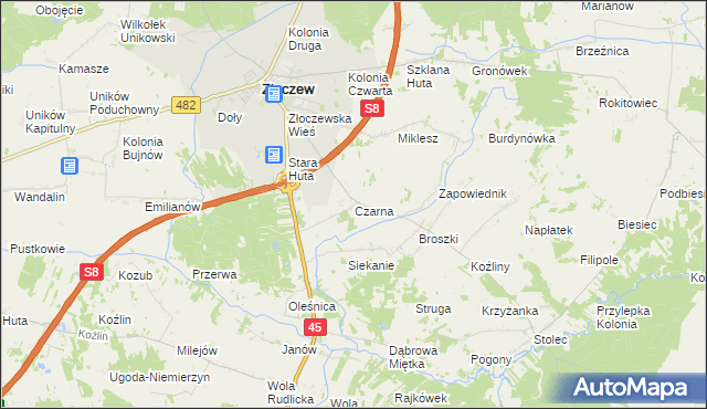 mapa Czarna gmina Złoczew, Czarna gmina Złoczew na mapie Targeo