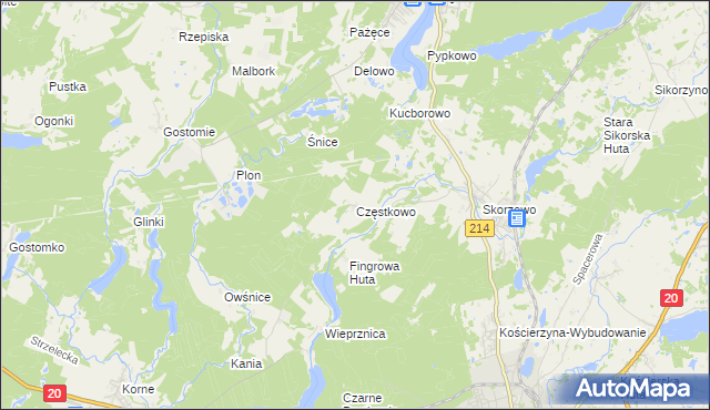 mapa Częstkowo gmina Kościerzyna, Częstkowo gmina Kościerzyna na mapie Targeo