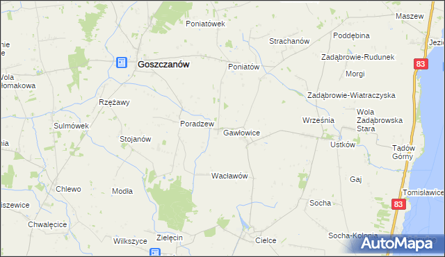 mapa Gawłowice gmina Goszczanów, Gawłowice gmina Goszczanów na mapie Targeo