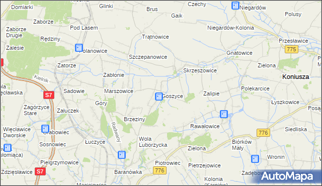 mapa Goszyce gmina Kocmyrzów-Luborzyca, Goszyce gmina Kocmyrzów-Luborzyca na mapie Targeo