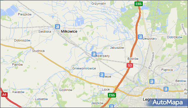 mapa Jezierzany gmina Miłkowice, Jezierzany gmina Miłkowice na mapie Targeo