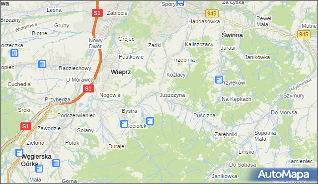 mapa Juszczyna, Juszczyna na mapie Targeo