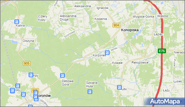 mapa Korzonek gmina Konopiska, Korzonek gmina Konopiska na mapie Targeo