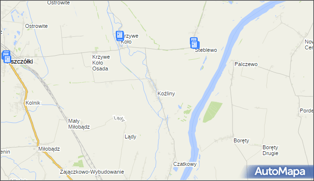 mapa Koźliny gmina Suchy Dąb, Koźliny gmina Suchy Dąb na mapie Targeo