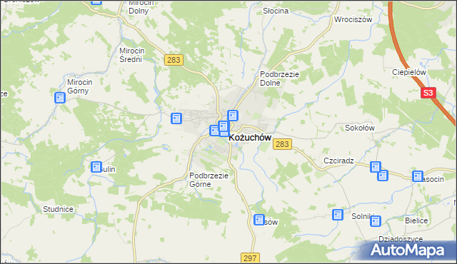 mapa Kożuchów powiat nowosolski, Kożuchów powiat nowosolski na mapie Targeo