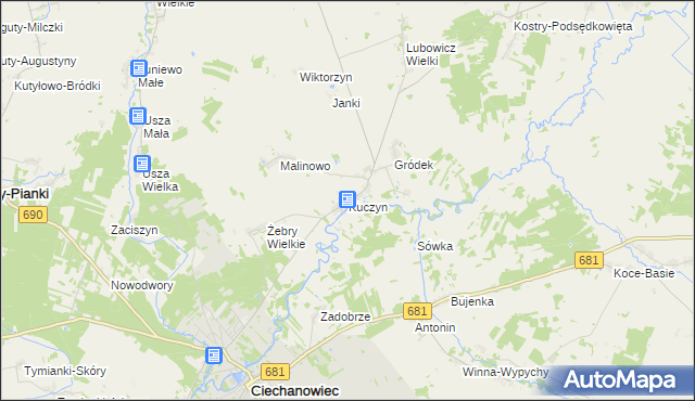 mapa Kuczyn gmina Klukowo, Kuczyn gmina Klukowo na mapie Targeo