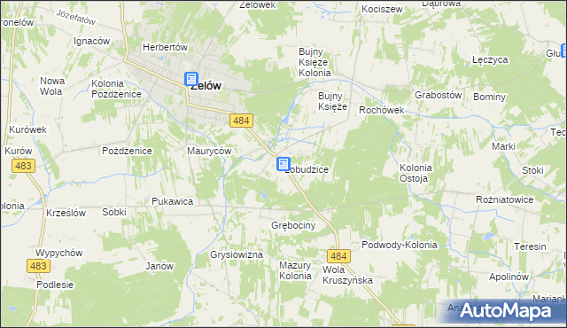 mapa Łobudzice gmina Zelów, Łobudzice gmina Zelów na mapie Targeo