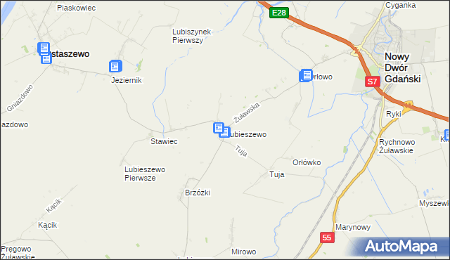 mapa Lubieszewo gmina Nowy Dwór Gdański, Lubieszewo gmina Nowy Dwór Gdański na mapie Targeo