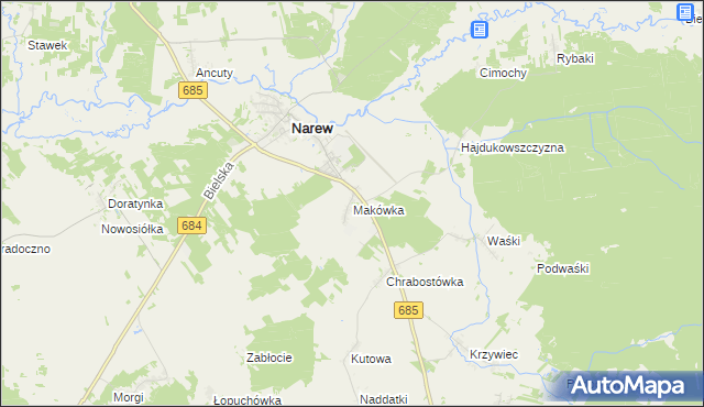 mapa Makówka gmina Narew, Makówka gmina Narew na mapie Targeo