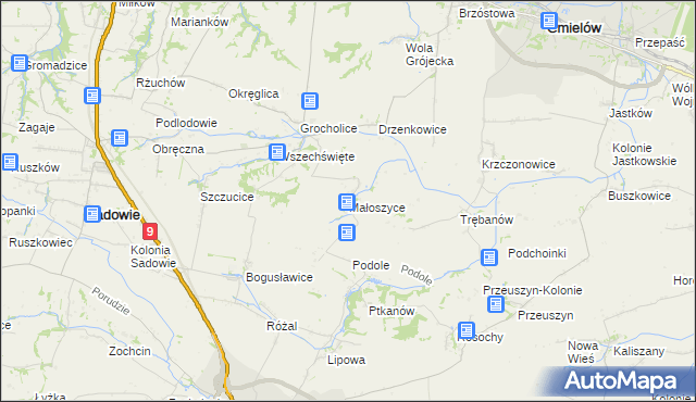 mapa Małoszyce gmina Sadowie, Małoszyce gmina Sadowie na mapie Targeo