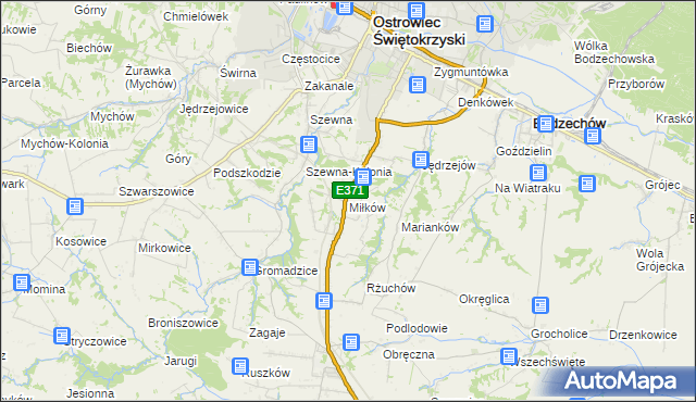 mapa Miłków gmina Bodzechów, Miłków gmina Bodzechów na mapie Targeo