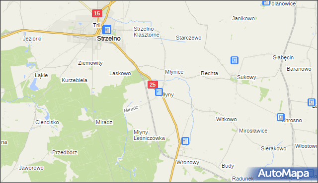 mapa Młyny gmina Strzelno, Młyny gmina Strzelno na mapie Targeo