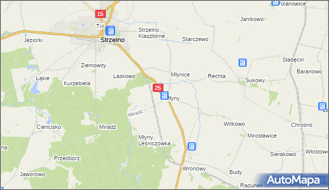 mapa Młyny gmina Strzelno, Młyny gmina Strzelno na mapie Targeo