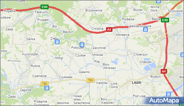 mapa Mników gmina Liszki, Mników gmina Liszki na mapie Targeo