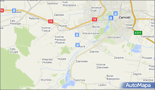 mapa Mokre gmina Zamość, Mokre gmina Zamość na mapie Targeo