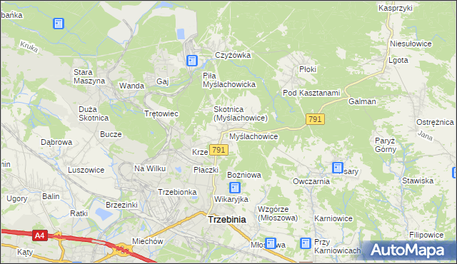 mapa Myślachowice, Myślachowice na mapie Targeo