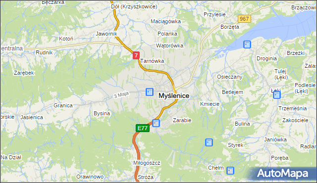 mapa Myślenice, Myślenice na mapie Targeo