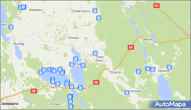 mapa Nowy Dwór gmina Jedwabno, Nowy Dwór gmina Jedwabno na mapie Targeo