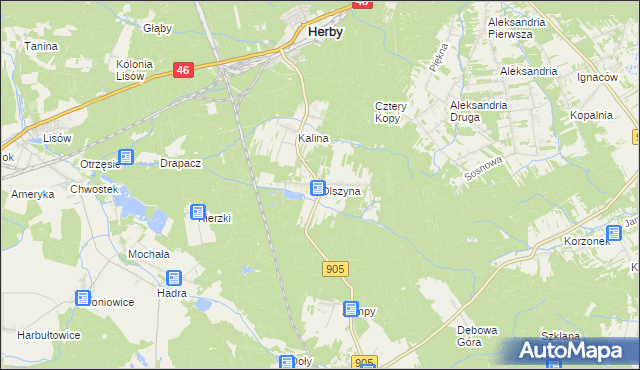 mapa Olszyna gmina Herby, Olszyna gmina Herby na mapie Targeo