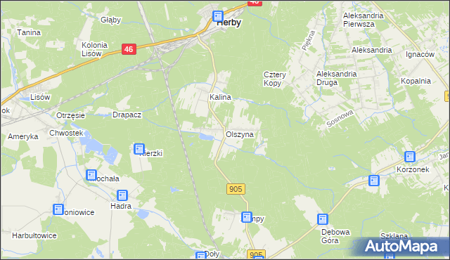 mapa Olszyna gmina Herby, Olszyna gmina Herby na mapie Targeo