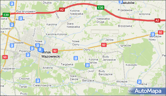 mapa Osiny gmina Mińsk Mazowiecki, Osiny gmina Mińsk Mazowiecki na mapie Targeo