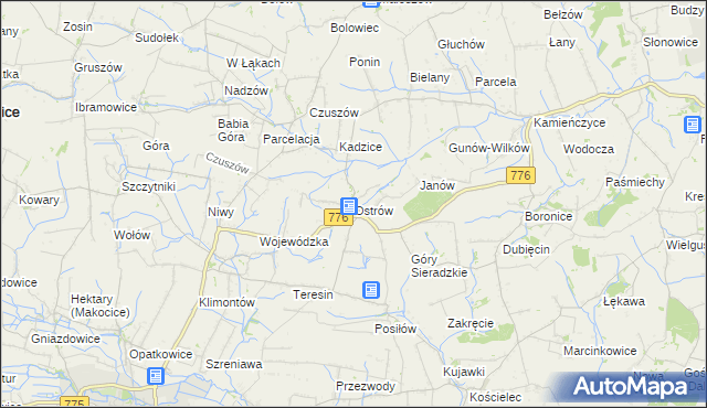 mapa Ostrów gmina Proszowice, Ostrów gmina Proszowice na mapie Targeo