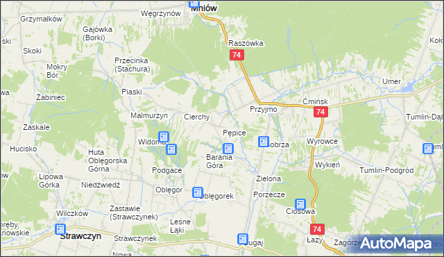 mapa Pępice gmina Mniów, Pępice gmina Mniów na mapie Targeo