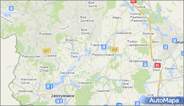 mapa Pielgrzymowice gmina Pawłowice, Pielgrzymowice gmina Pawłowice na mapie Targeo