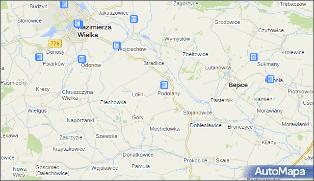 mapa Podolany gmina Kazimierza Wielka, Podolany gmina Kazimierza Wielka na mapie Targeo