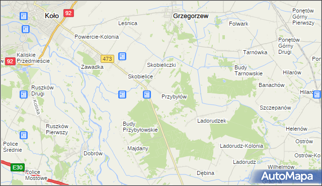 mapa Przybyłów gmina Koło, Przybyłów gmina Koło na mapie Targeo