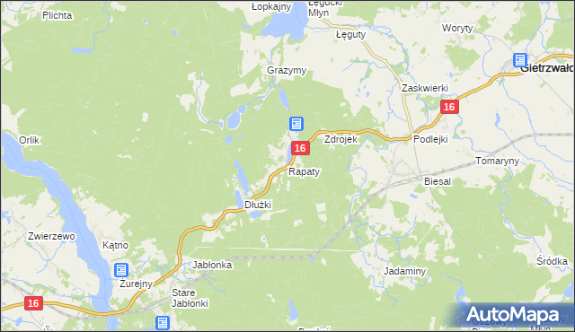 mapa Rapaty gmina Gietrzwałd, Rapaty gmina Gietrzwałd na mapie Targeo