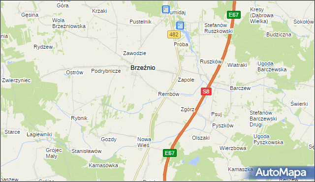 mapa Rembów gmina Brzeźnio, Rembów gmina Brzeźnio na mapie Targeo